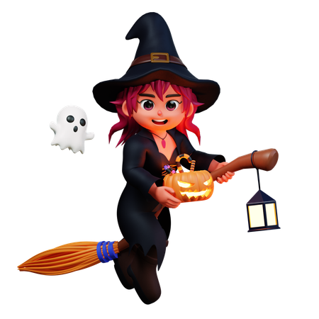 Witch Girl Holding Scary Pumpkin  3D Illustration