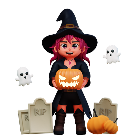 Witch Girl Holding Scary Pumpkin  3D Illustration