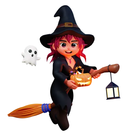 Witch Girl Holding Scary Pumpkin  3D Illustration