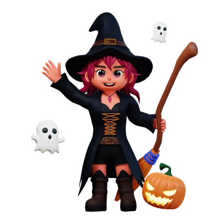 Witch Girl Saying Hi  3D Illustration