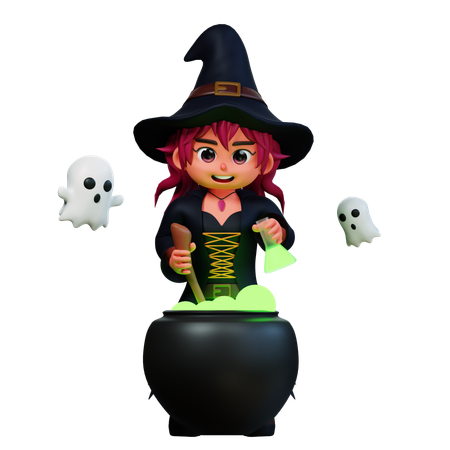Witch Girl With Potion Pot  3D Illustration