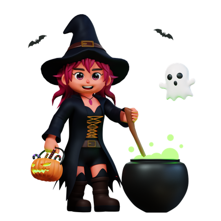 Witch Girl With Potion Pot  3D Illustration