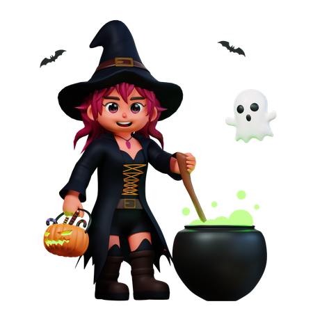 Witch Girl With Potion Pot  3D Icon