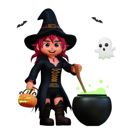 Witch Girl With Potion Pot  3D Illustration