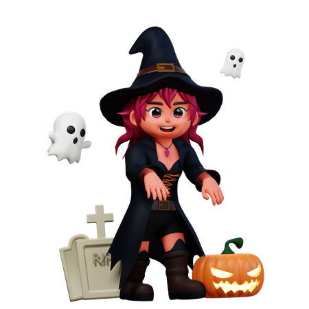 Witch Girl With Scary Pumpkin  3D Illustration