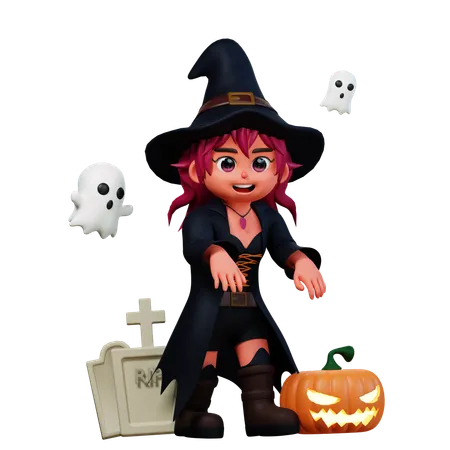 Witch Girl With Scary Pumpkin  3D Illustration