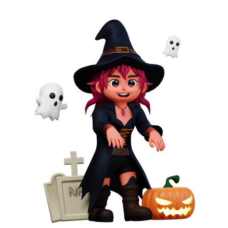 Witch Girl With Scary Pumpkin  3D Icon