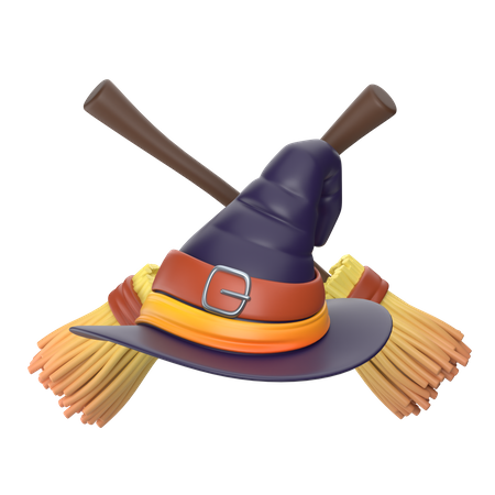 Witch Hat and Broom Stick  3D Icon