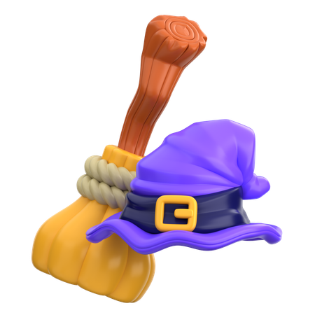 Witch Hat & Broom  3D Icon