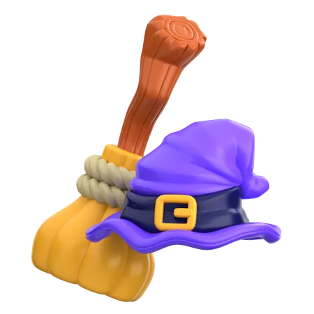 Witch Hat & Broom  3D Icon