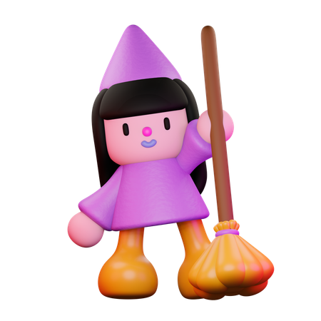 Witch Holding Broom  3D Illustration