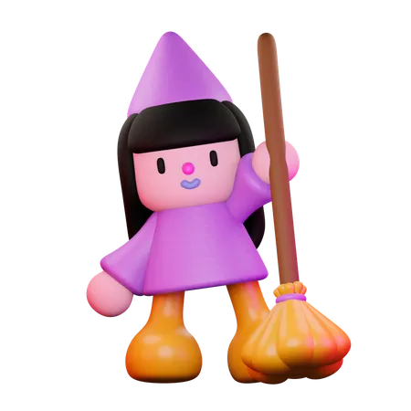 Witch Holding Broom  3D Illustration