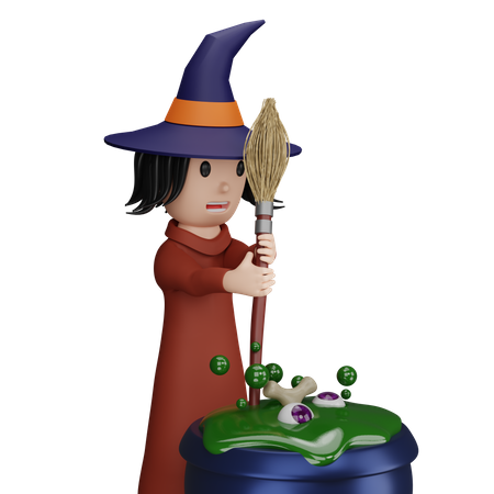 Witch Making Spell using broomstick  3D Illustration