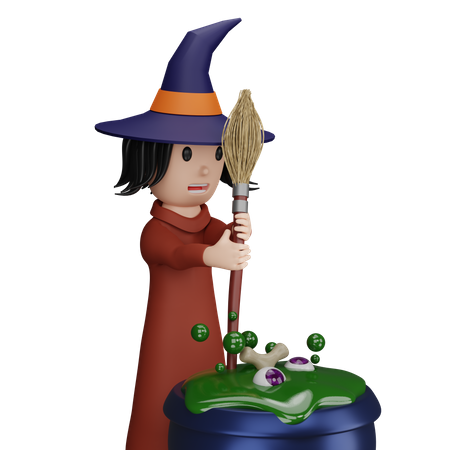 Witch Making Spell using broomstick 3D Illustration