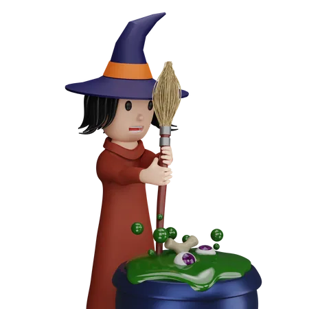 Witch Making Spell using broomstick  3D Illustration