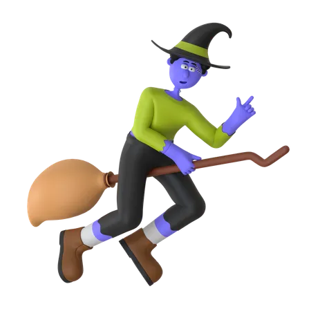 Witch Man Flying On Broomstick  3D Illustration