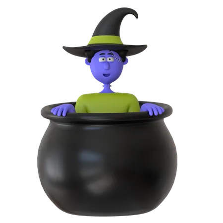 Witch Man Hiding In Cauldron Pot  3D Illustration