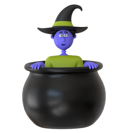 Witch Man Hiding In Cauldron Pot  3D Icon