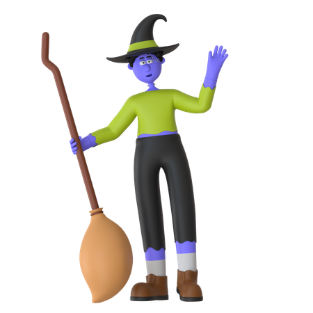 Witch Man Holding Broomstick  3D Illustration