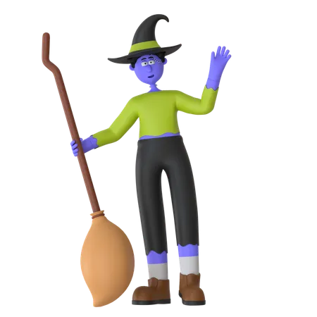 Witch Man Holding Broomstick  3D Illustration