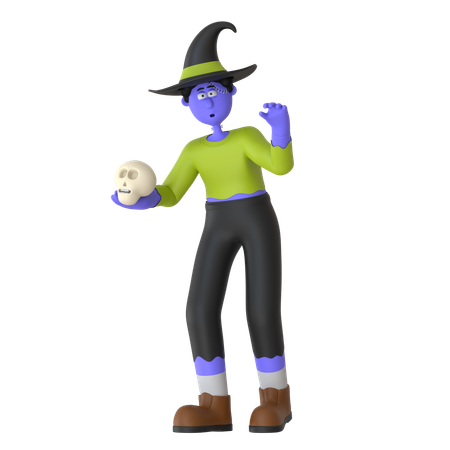 Witch Man Holding Skull  3D Illustration