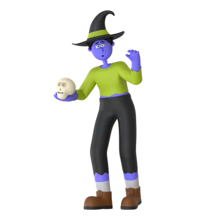 Witch Man Holding Skull  3D Illustration