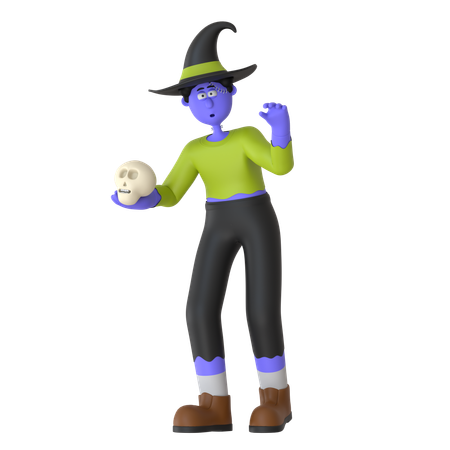 Witch Man Holding Skull  3D Icon