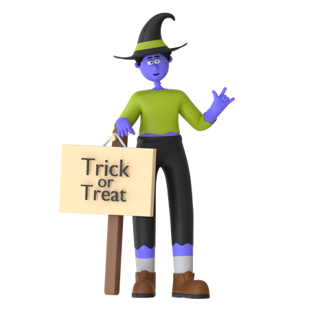 Witch Man Holding Trick Or Treat Sign  3D Illustration