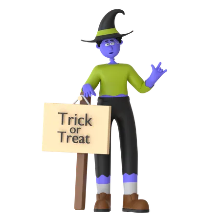 Witch Man Holding Trick Or Treat Sign  3D Illustration