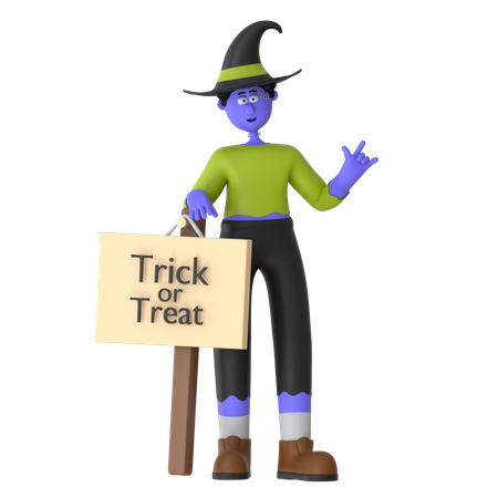 Witch Man Holding Trick Or Treat Sign  3D Icon
