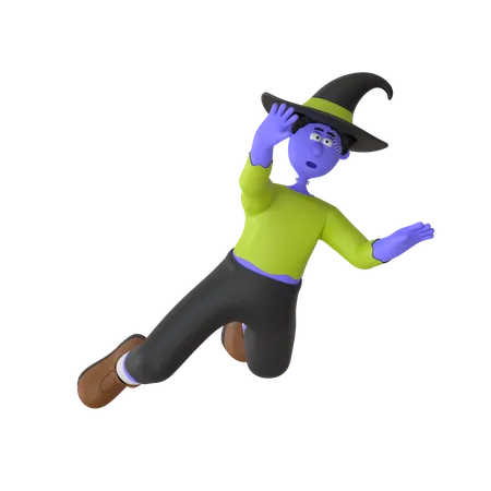 Witch Man Jumping Out Of Haunted House  3D Illustration