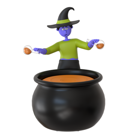 Witch Man Mixing Potion In Cauldron Pot  3D Illustration
