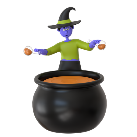 Witch Man Mixing Potion In Cauldron Pot  3D Icon