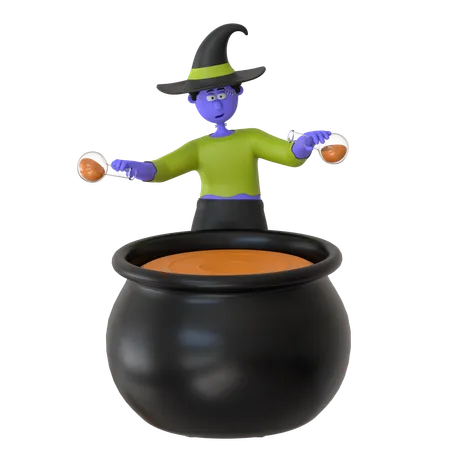 Witch Man Mixing Potion In Cauldron Pot  3D Illustration