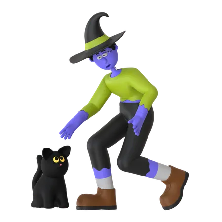 Witch Man Playing With Black Cat  3D Illustration
