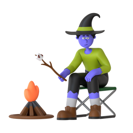 Witch Man Roasting Marshmallows By Fire Cozy Up To The Warmth Of A Campfire And Roast Marshmallows  3D Illustration