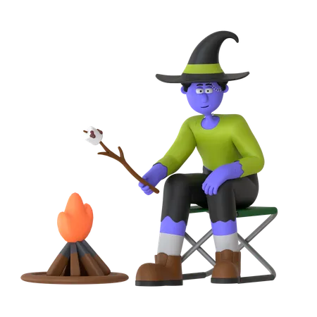 Witch Man Roasting Marshmallows By Fire Cozy Up To The Warmth Of A Campfire And Roast Marshmallows  3D Illustration