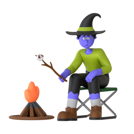 Witch Man Roasting Marshmallows By Fire Cozy Up To The Warmth Of A Campfire And Roast Marshmallows  3D Icon