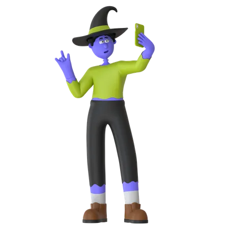 Witch Man Taking Selfie In Costume Characters Capturing Memories With Selfies In Their Spooky Costumes  3D Illustration