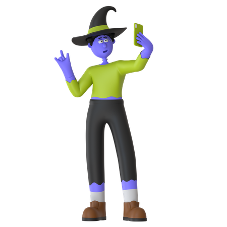 Witch Man Taking Selfie In Costume Characters Capturing Memories With Selfies In Their Spooky Costumes  3D Illustration