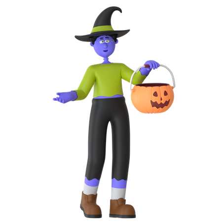 Witch Man Trick Or Treating With Candy Bag  3D Illustration
