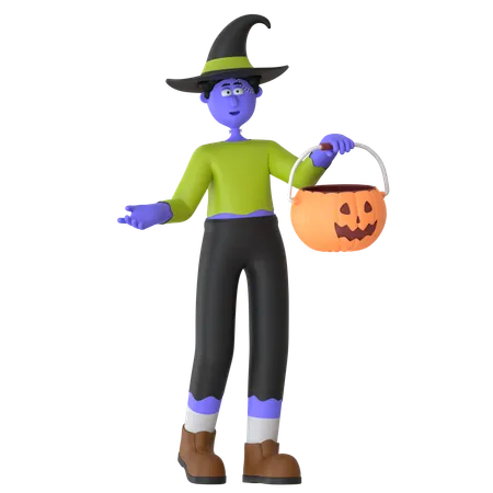 Witch Man Trick Or Treating With Candy Bag  3D Illustration