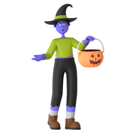 Witch Man Trick Or Treating With Candy Bag  3D Icon