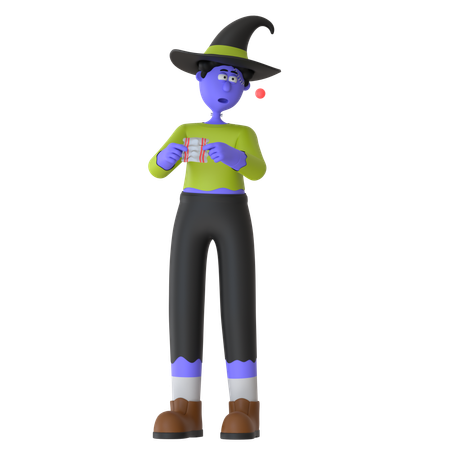 Witch Man Unwrapping Halloween Treats  3D Icon
