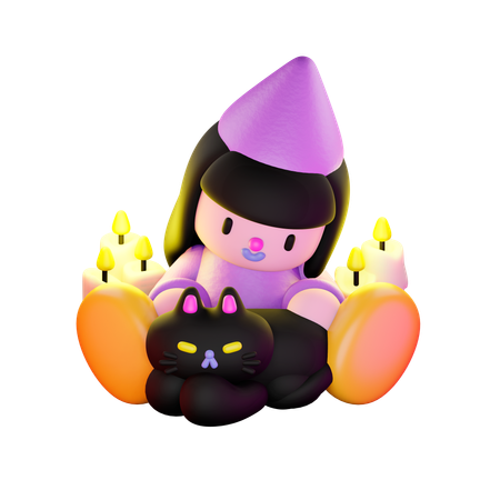 Witch Petting Cat  3D Illustration