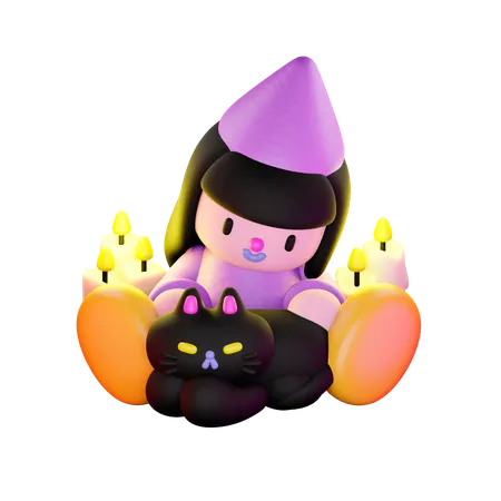 Witch Petting Cat  3D Illustration