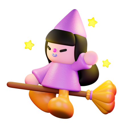 Witch Sitting On The Broom  3D Illustration