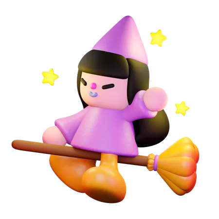 Witch Sitting On The Broom  3D Illustration