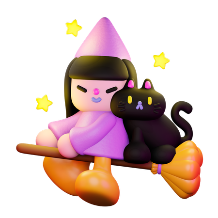 Witch Sitting With Cat On Broom  3D Illustration