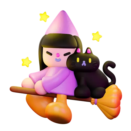 Witch Sitting With Cat On Broom  3D Illustration